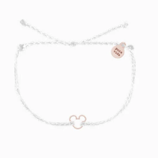 Disney Pura Vida White String Cord Bracelet With Rose Gold Mickey Charm