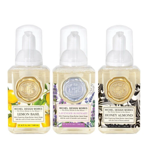 Michel Design Works Mini Foaming Hand Soap SetIncludes: Lemon Basil, Lavender Rosemary, Honey Almond
