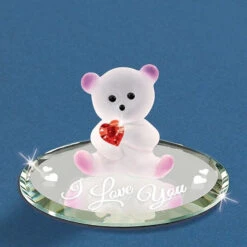 I Love You Frosted White And Pink Bear With Red Crystal Heart With White Hearts Glass Figurine