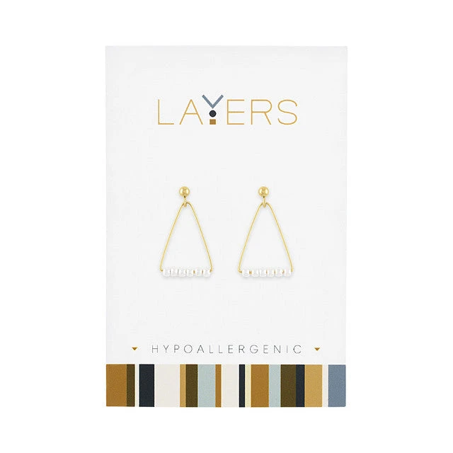 Gold Triangle & Pearl Dangle Layers Earrings 3 Gold Triangle & Pearl Dangle Layers Earrings
