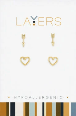 Gold Arrow & Open Heart Duo Pair Stud Layers Earrings