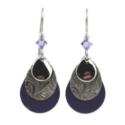 Silver Forest Earrings Silver Filigree On Black Teardrop With Purple Bead