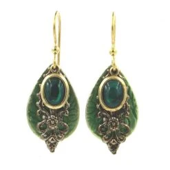 Silver Forest Earrings Gold Green Stone On Green Teardrop