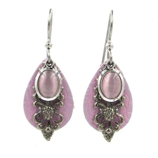 Silver Forest Earrings Silver Pink Stone On Pink Teardrop