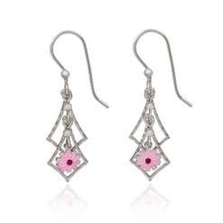 Silver Forest Earrings Diamond Cascade With Pink Flower Drop