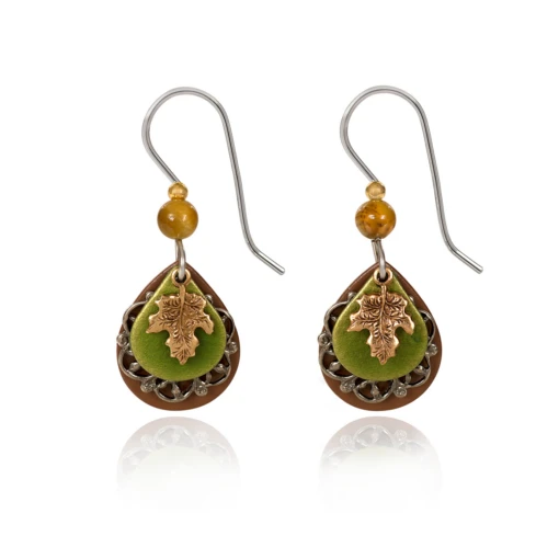Silver Forest Earrings Dainty Gold Leaf On Green Layers