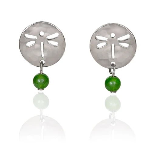 Silver Forest Earrings Dragonfly Stamped Silver Coin With Green Bead