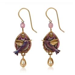 Silver Forest Earrings Purple Hummingbird On Laced Oval With Gold Bead Drop
