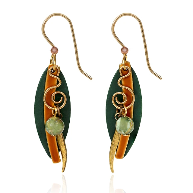 Silver Forest Earrings Layered Long Shapes With Gold Coil And Green Bead 3 Silver Forest Earrings Layered Long Shapes With Gold Coil And Green Bead