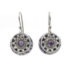 Silver Forest Purple Stone And Metal Flower Layered Drop Earrings