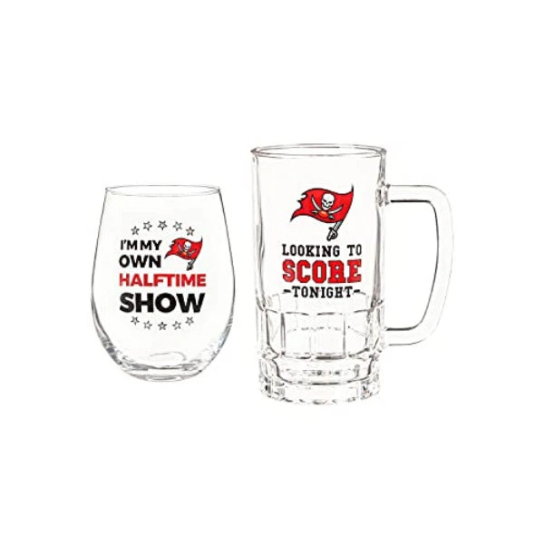 NFL® Tampa Bay Buccaneers Stemless 17 Oz. Wine Glass & 16 Oz. Beer Mug Set 3 NFL® Tampa Bay Buccaneers Stemless 17 Oz. Wine Glass & 16 Oz. Beer Mug Set
