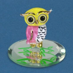 22Kt Gold Trimmed Little Owlet In Yellow Pink And White Glass Figurine