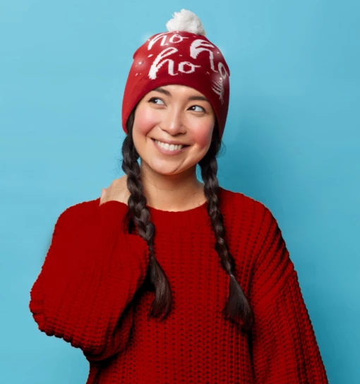 Christmas Merry & Bright Flashing LED Light Holiday Pom Beanie Hat Red Green Fair Isle Deer - Image 2
