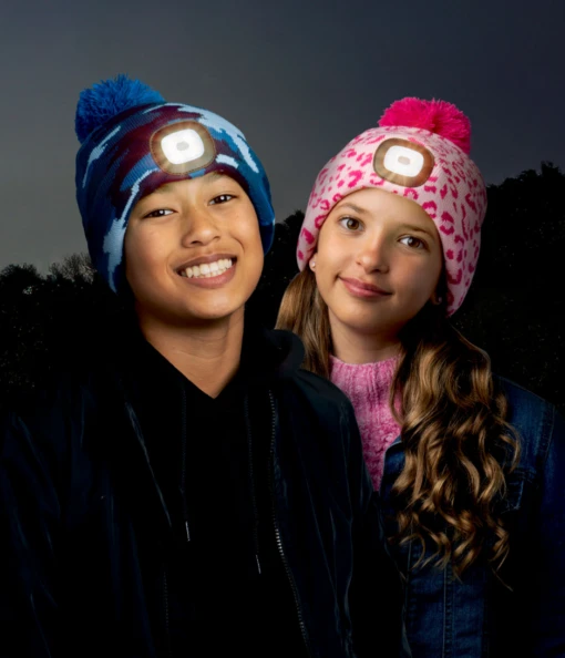 Blue Camo Kids Night Scope™ Rechargeable LED Light Beanie Pom Hat - Image 2